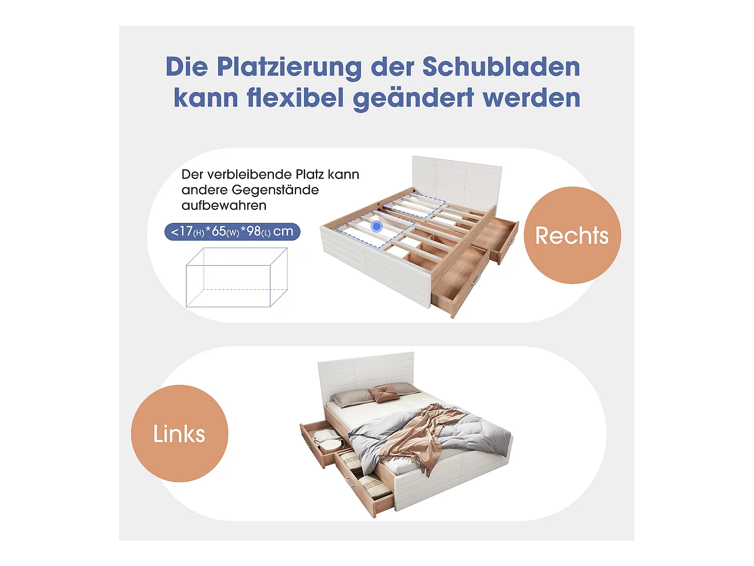 Lit double avec 2 tiroirs et cadre en bois, Design moderne avec tête de lit et sommier inclus, Eiche claire / Blanc (160x200 cm)