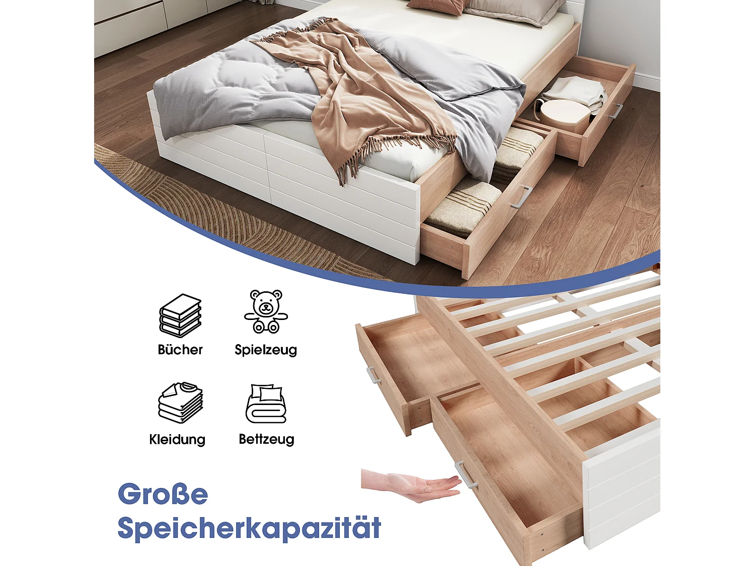 Letto matrimoniale con 2 cassetti e struttura in legno, Design moderno con testiera e rete a doghe incluse, Bianco (160x200 cm)