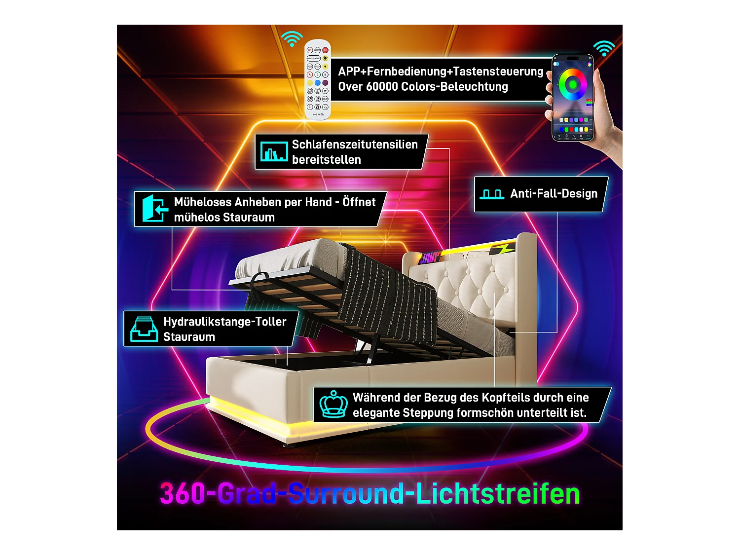 Letto singolo con LED 360° e porta di ricarica USB Type-C, testiera in PU bianco, 90x200 cm, con 4 cassetti e materasso incluso