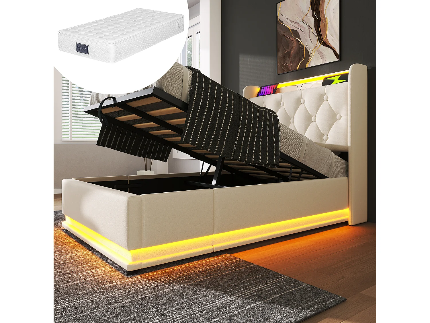 Letto singolo con LED 360° e porta di ricarica USB Type-C, testiera in PU bianco, 90x200 cm, con 4 cassetti e materasso incluso