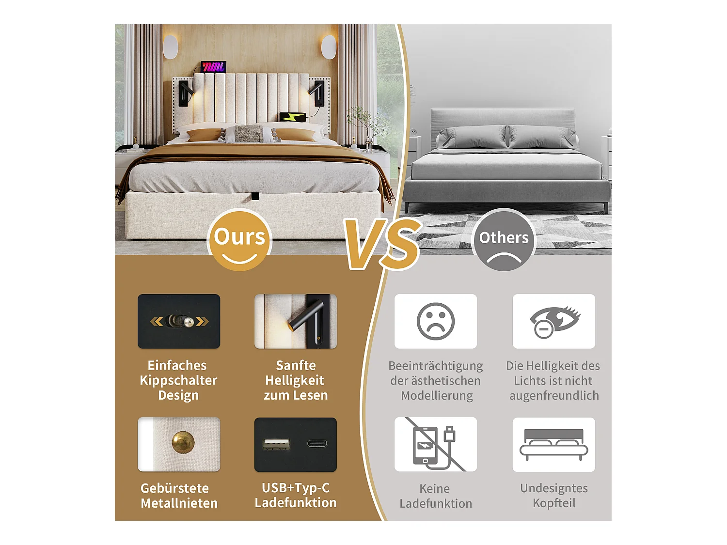 Tweepersoonsbed 160x200, met opbergruimte onder het bed, hoofdeinde met ledverlichting en USB-aansluitingen, beige katoen (203x167x106 cm)