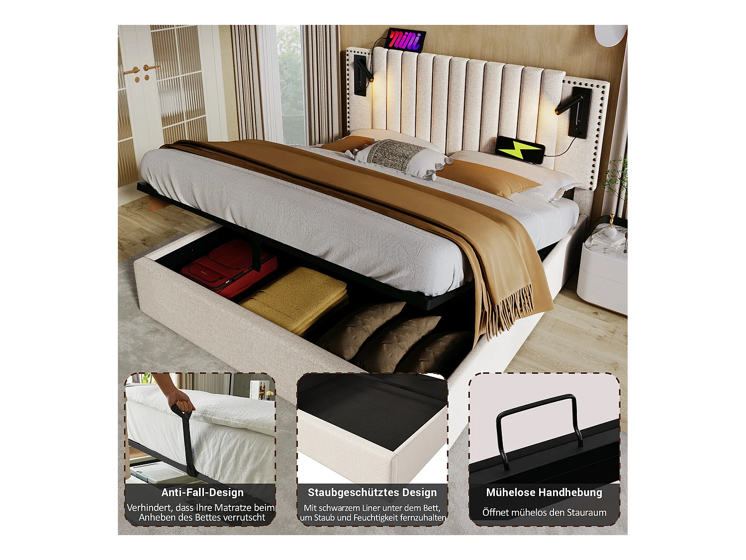 Tweepersoonsbed 160x200, met opbergruimte onder het bed, hoofdeinde met ledverlichting en USB-aansluitingen, beige katoen (203x167x106 cm)