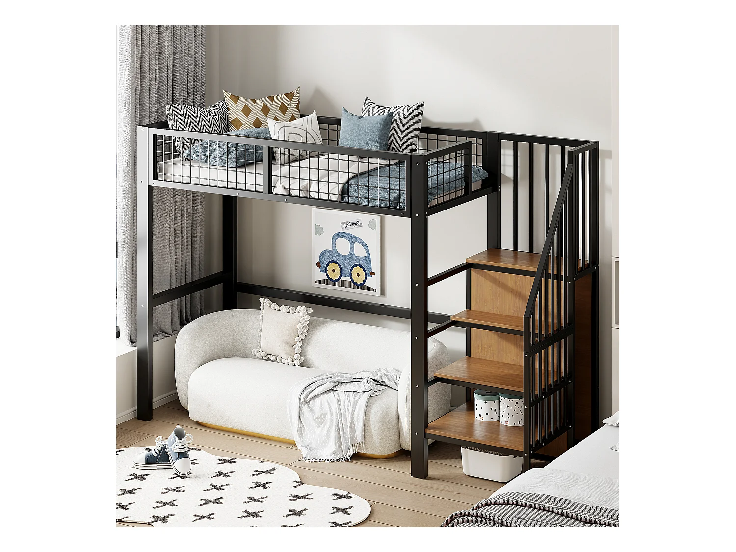 Letto alto 90x200 con scaletta, struttura in metallo, vano contenitore e armadio, colore nero (255x95x176 cm)