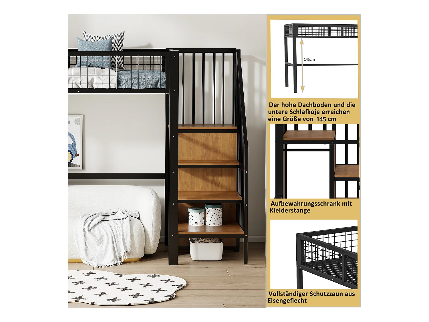 Letto alto 90x200 con scaletta, struttura in metallo, vano contenitore e armadio, colore nero (255x95x176 cm)