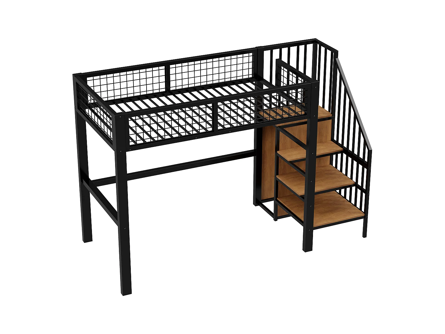 Letto alto 90x200 con scaletta, struttura in metallo, vano contenitore e armadio, colore nero (255x95x176 cm)