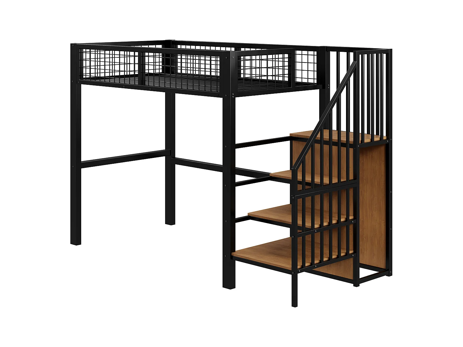 Letto alto 90x200 con scaletta, struttura in metallo, vano contenitore e armadio, colore nero (255x95x176 cm)