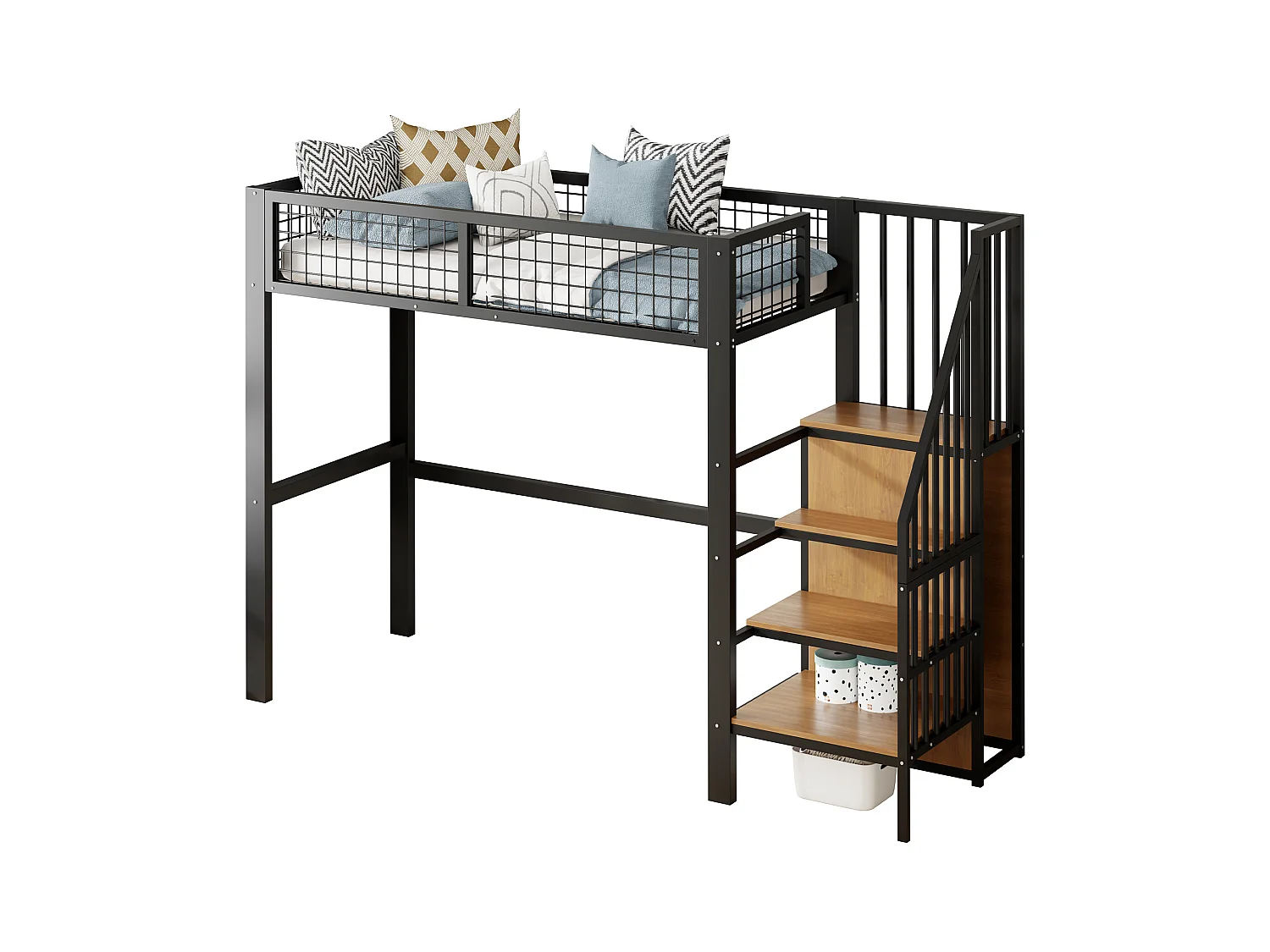 Letto alto 90x200 con scaletta, struttura in metallo, vano contenitore e armadio, colore nero (255x95x176 cm)