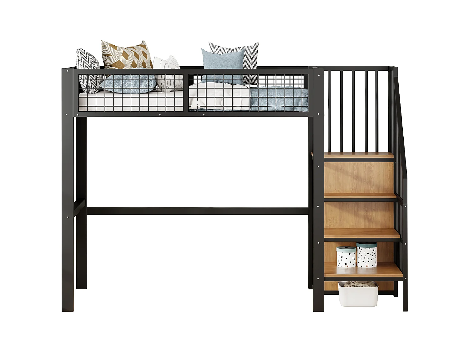 Letto alto 90x200 con scaletta, struttura in metallo, vano contenitore e armadio, colore nero (255x95x176 cm)