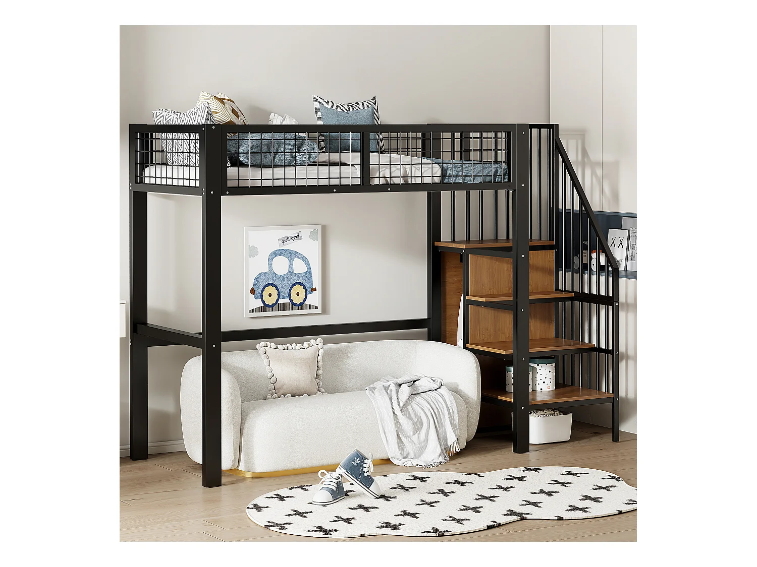 Lit surélevé 90x200 avec échelle, cadre en métal, espace de rangement et armoire, couleur noire (255x95x176 cm)