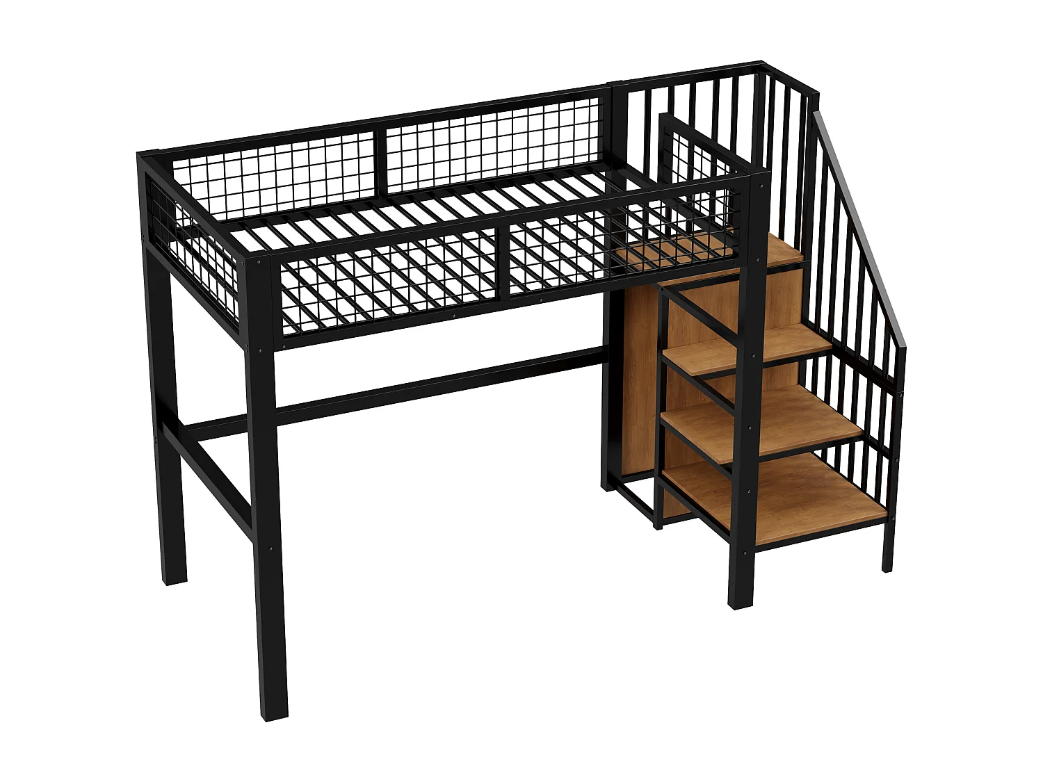 Lit surélevé 90x200 avec échelle, cadre en métal, espace de rangement et armoire, couleur noire (255x95x176 cm)