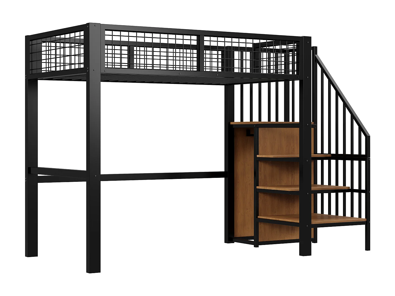 Lit surélevé 90x200 avec échelle, cadre en métal, espace de rangement et armoire, couleur noire (255x95x176 cm)