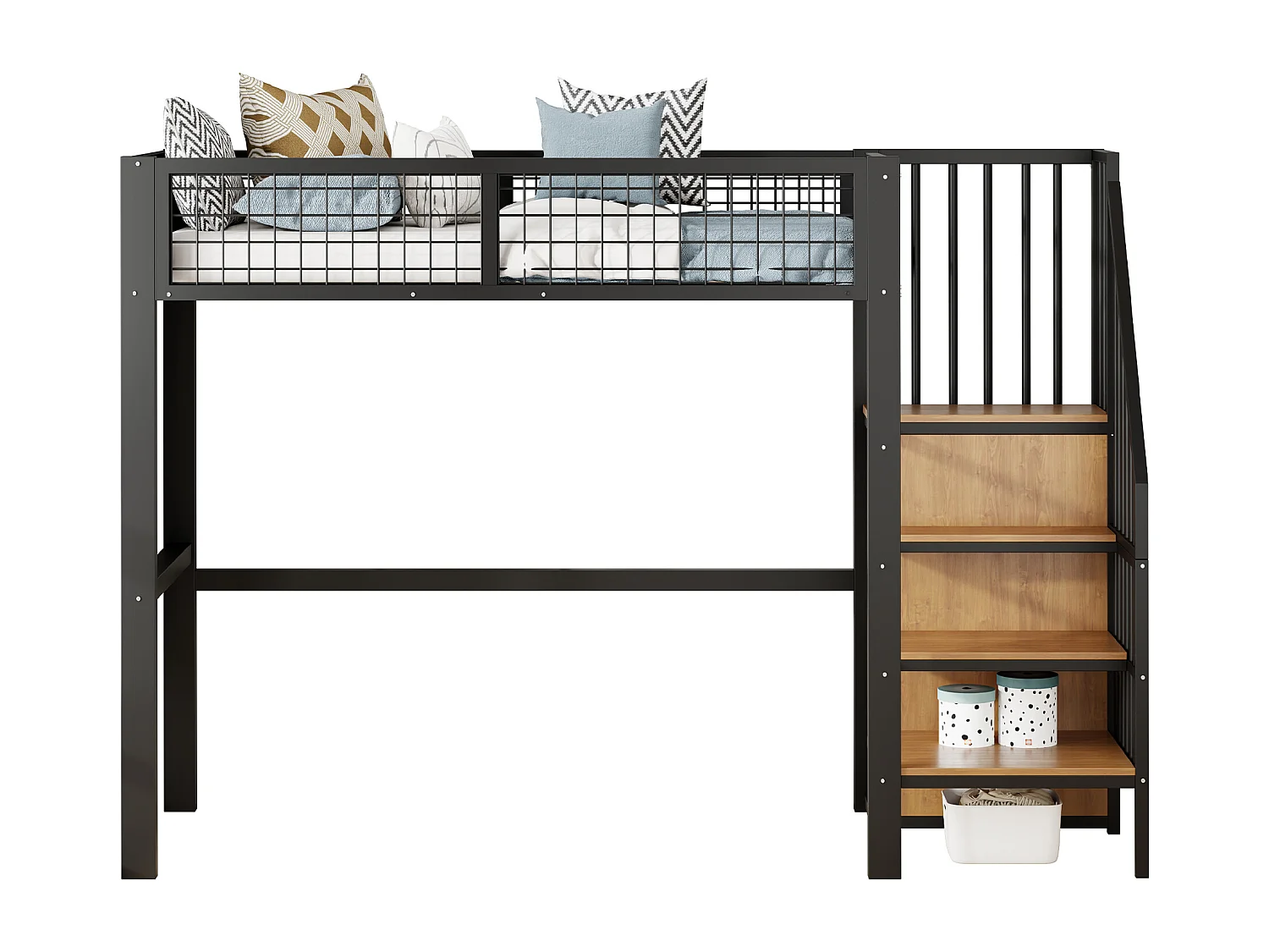 Lit surélevé 90x200 avec échelle, cadre en métal, espace de rangement et armoire, couleur noire (255x95x176 cm)