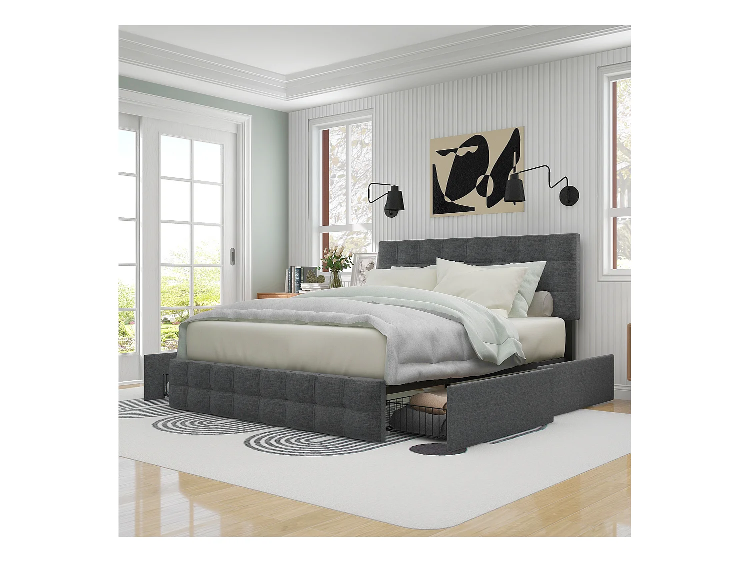 Letto imbottito con 4 cassetti, testiera regolabile, lino grigio (210x146x112cm)