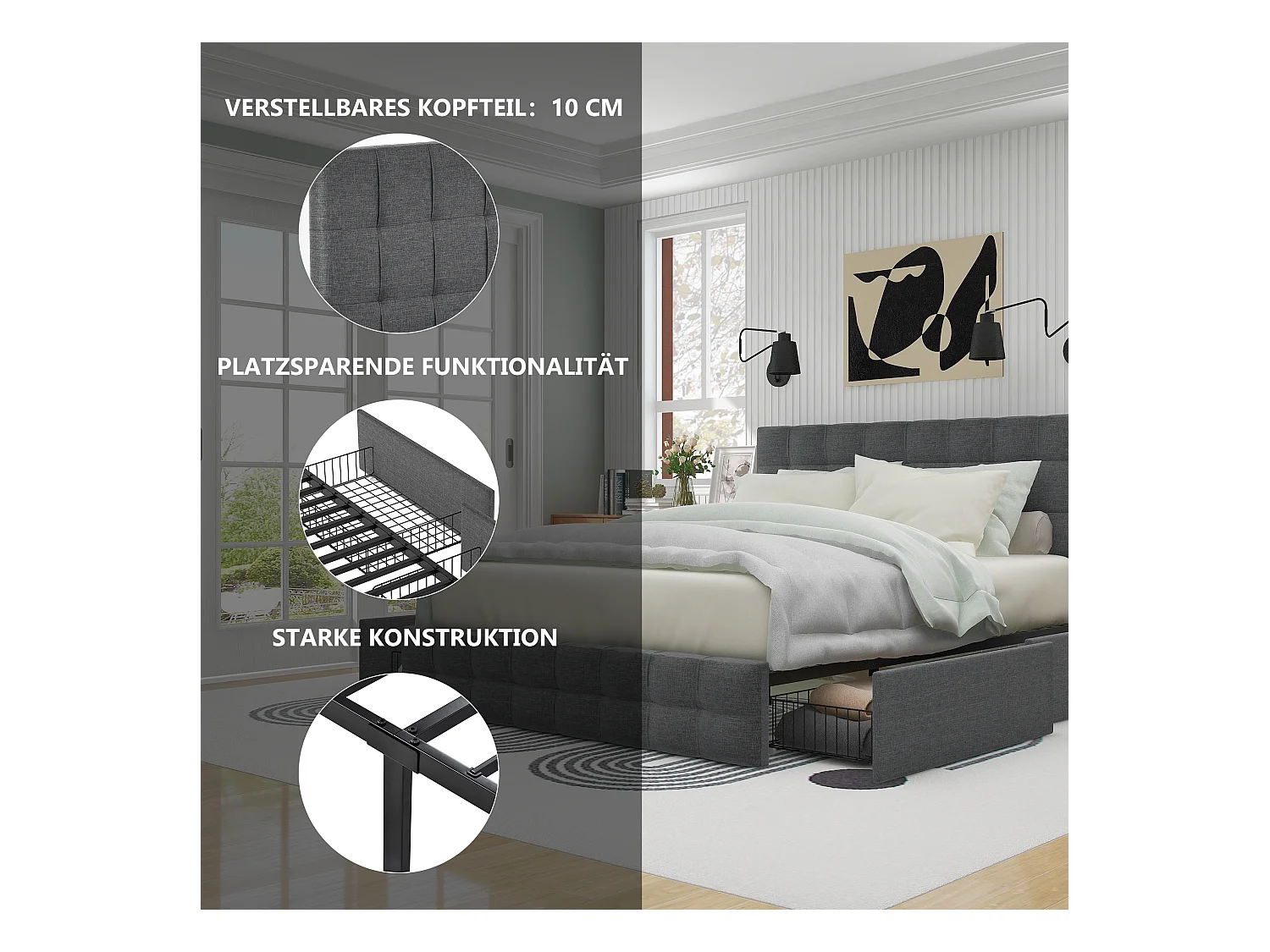 Letto imbottito con 4 cassetti, testiera regolabile, lino grigio (210x146x112cm)