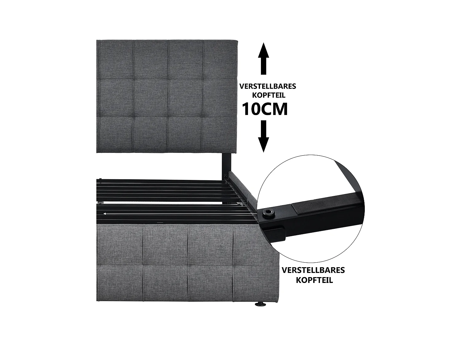 Letto imbottito con 4 cassetti, testiera regolabile, lino grigio (210x146x112cm)