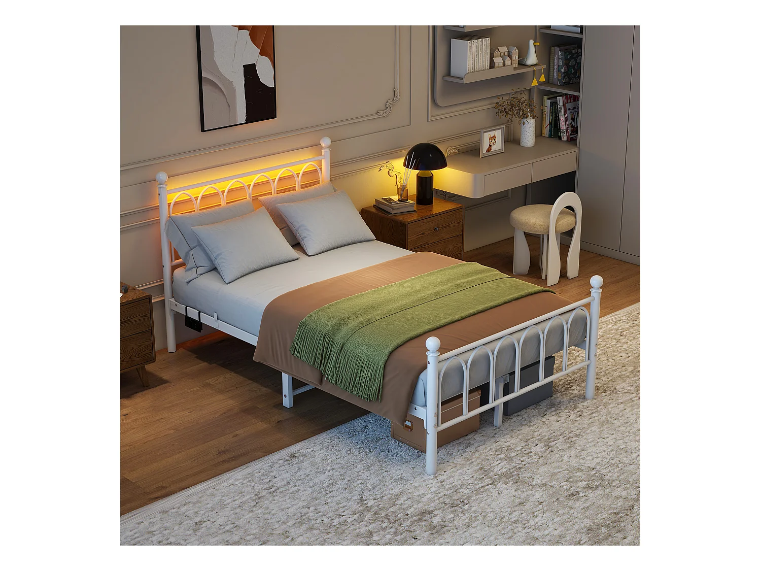 Metalen platformbed met vintage hoofdeinde en voeteneinde, USB, LED, metaal, wit (206,5x121x102,5 cm)