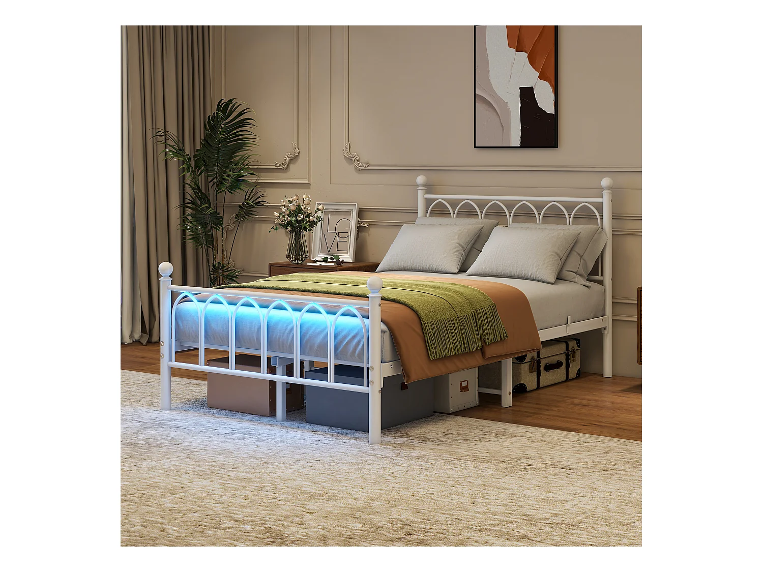 Metalen platformbed met vintage hoofdeinde en voeteneinde, USB, LED, metaal, wit (206,5x121x102,5 cm)