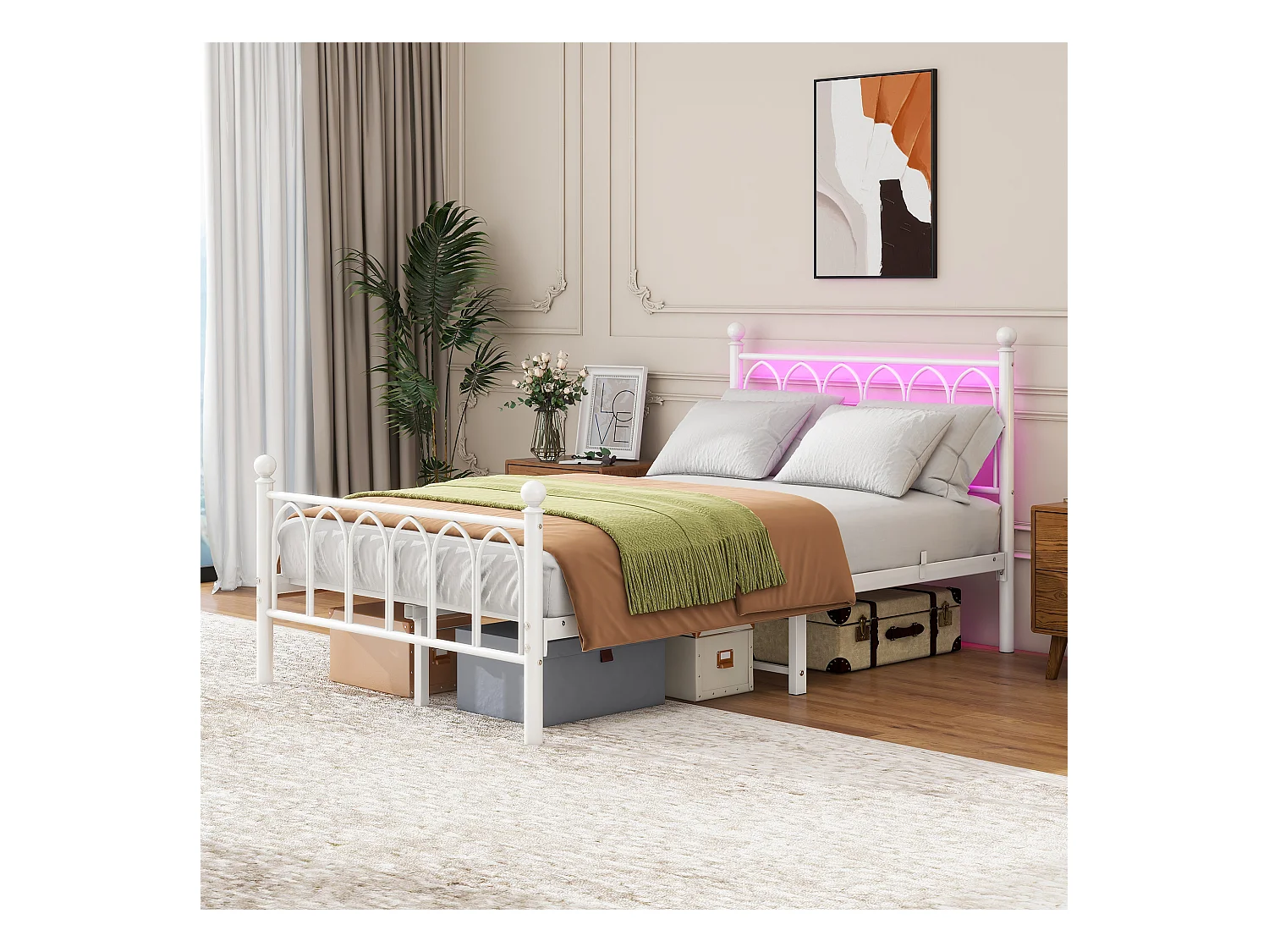 Metalen platformbed met vintage hoofdeinde en voeteneinde, USB, LED, metaal, wit (206,5x121x102,5 cm)