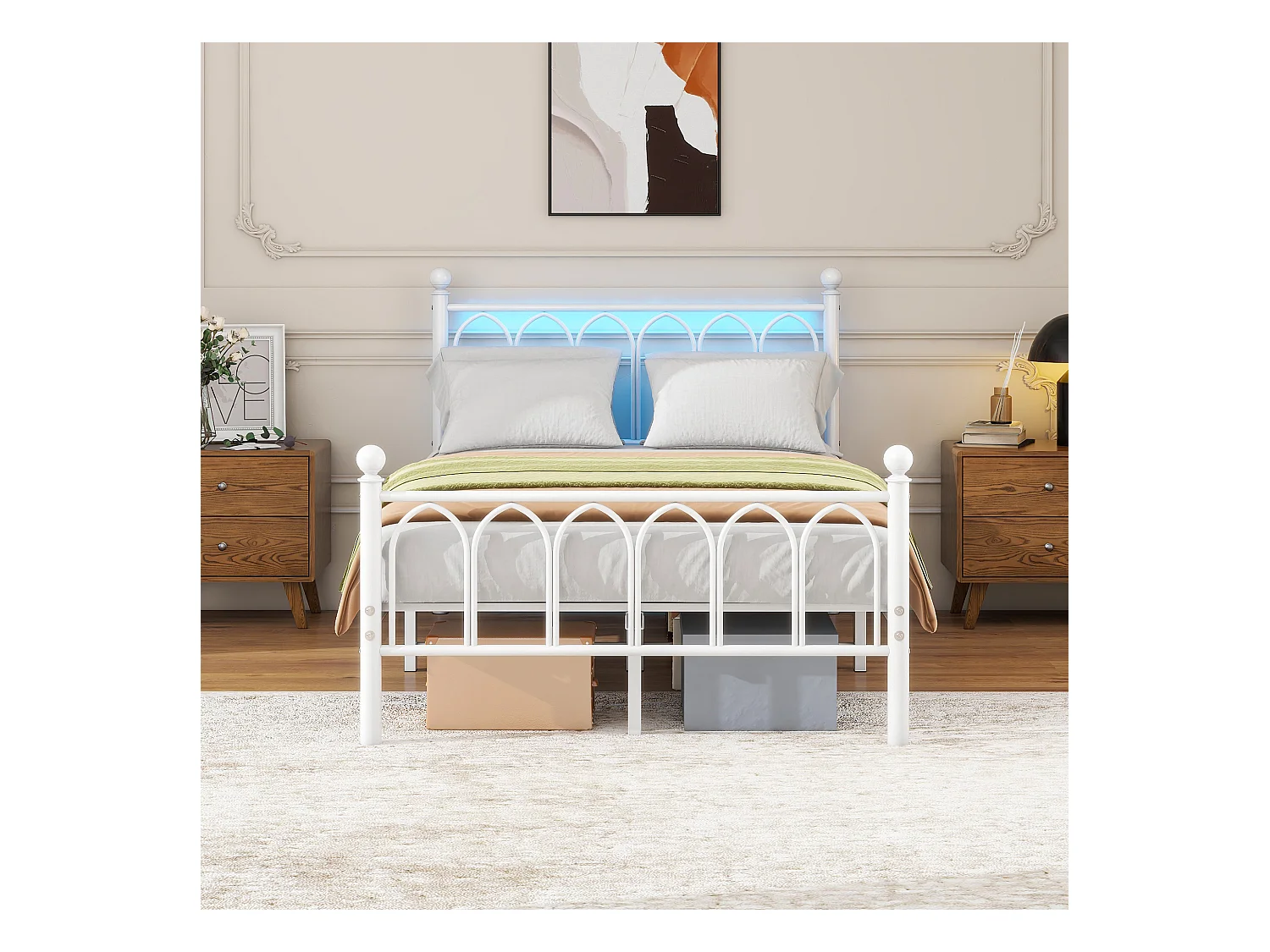 Metalen platformbed met vintage hoofdeinde en voeteneinde, USB, LED, metaal, wit (206,5x121x102,5 cm)