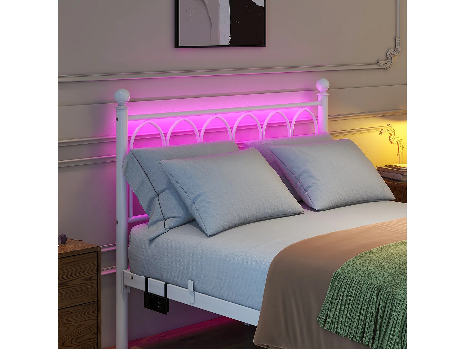 Metalen platformbed met vintage hoofdeinde en voeteneinde, USB, LED, metaal, wit (206,5x121x102,5 cm)