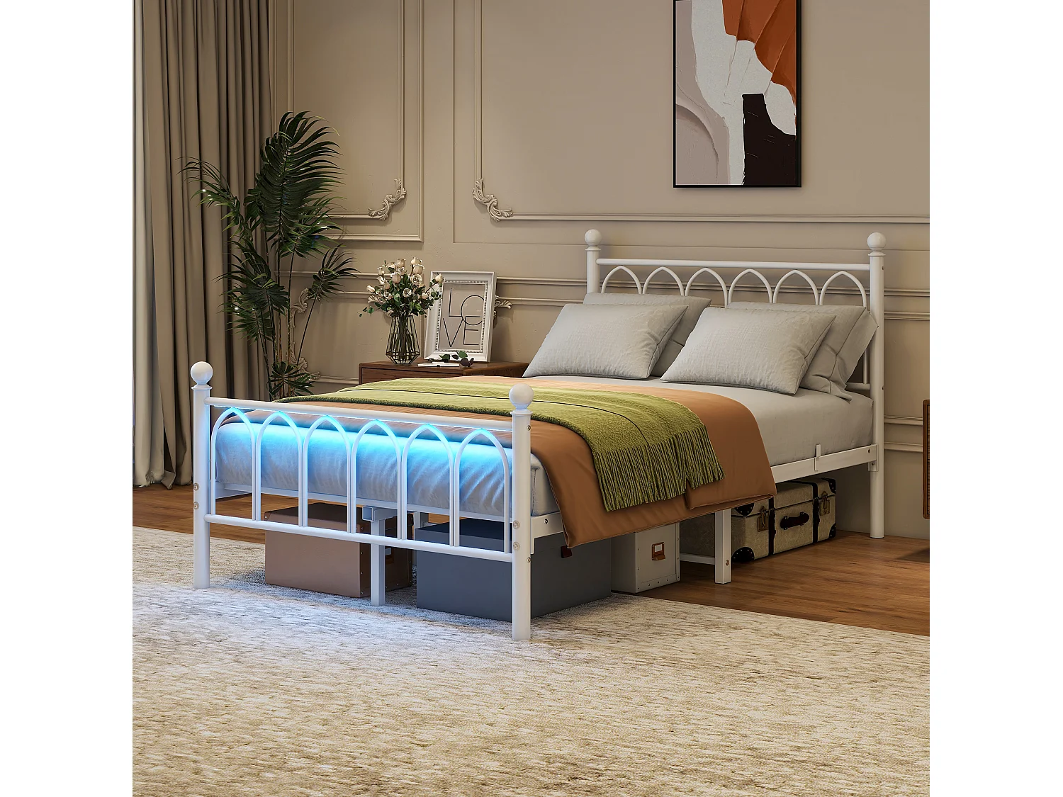 Lit plateforme en métal avec tête et pied de lit vintage, USB, LED, métal, blanc (206.5x121x102.5 cm)