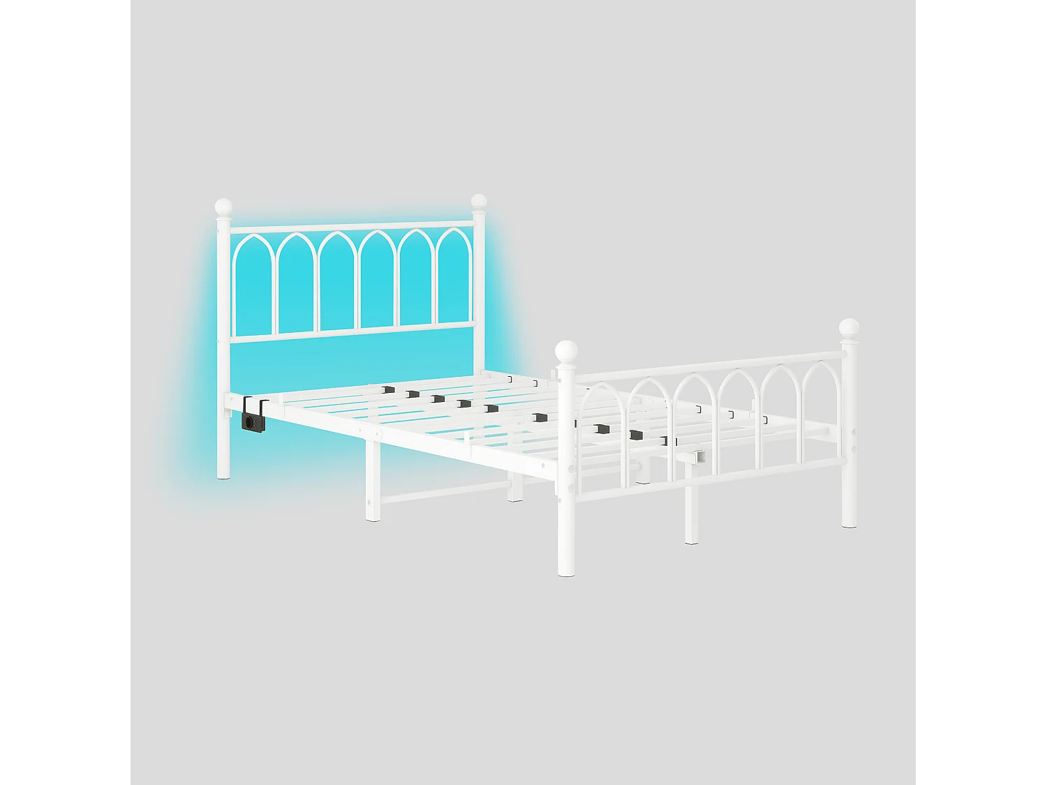 Lit plateforme en métal avec tête et pied de lit vintage, USB, LED, métal, blanc (206.5x121x102.5 cm)