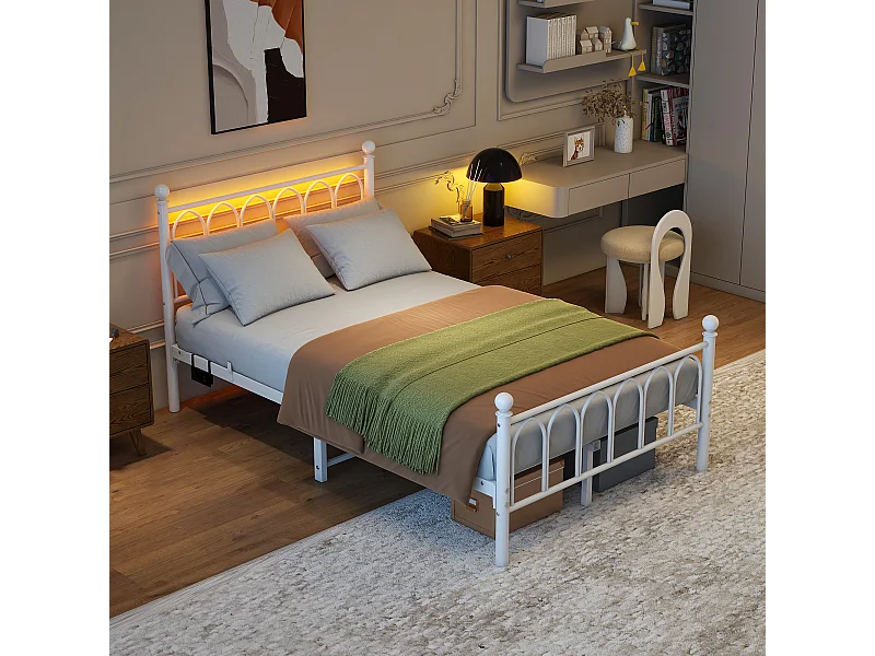 Lit plateforme en métal avec tête et pied de lit vintage, USB, LED, métal, blanc (206.5x121x102.5 cm)