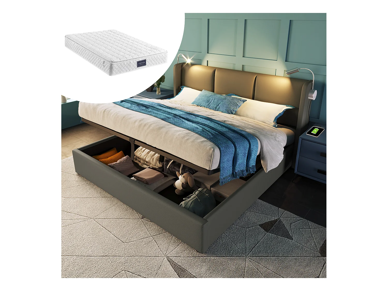 Tweepersoonsbed met leeslamp en USB-functie, grijs PU-frame, hydraulische opbergruimte (206x145x107cm)
