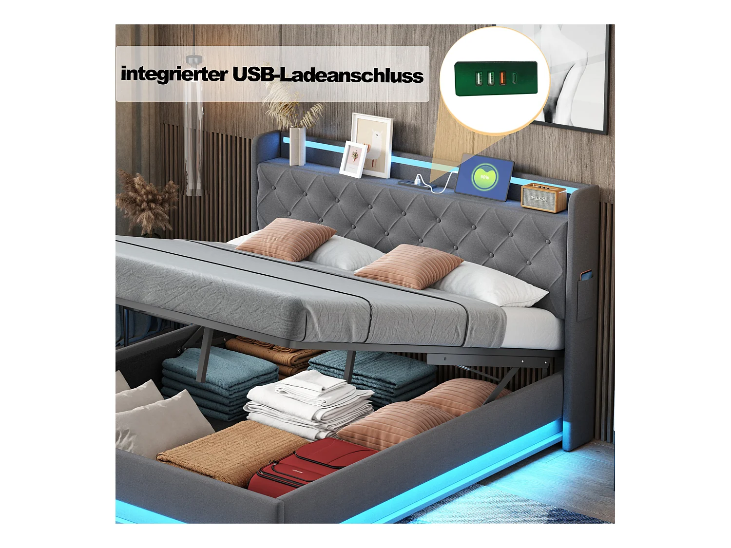 Lit LED 140 x 200 cm avec rangement hydraulique, port USB, tissu lin gris (213 x 146 x 113 cm)