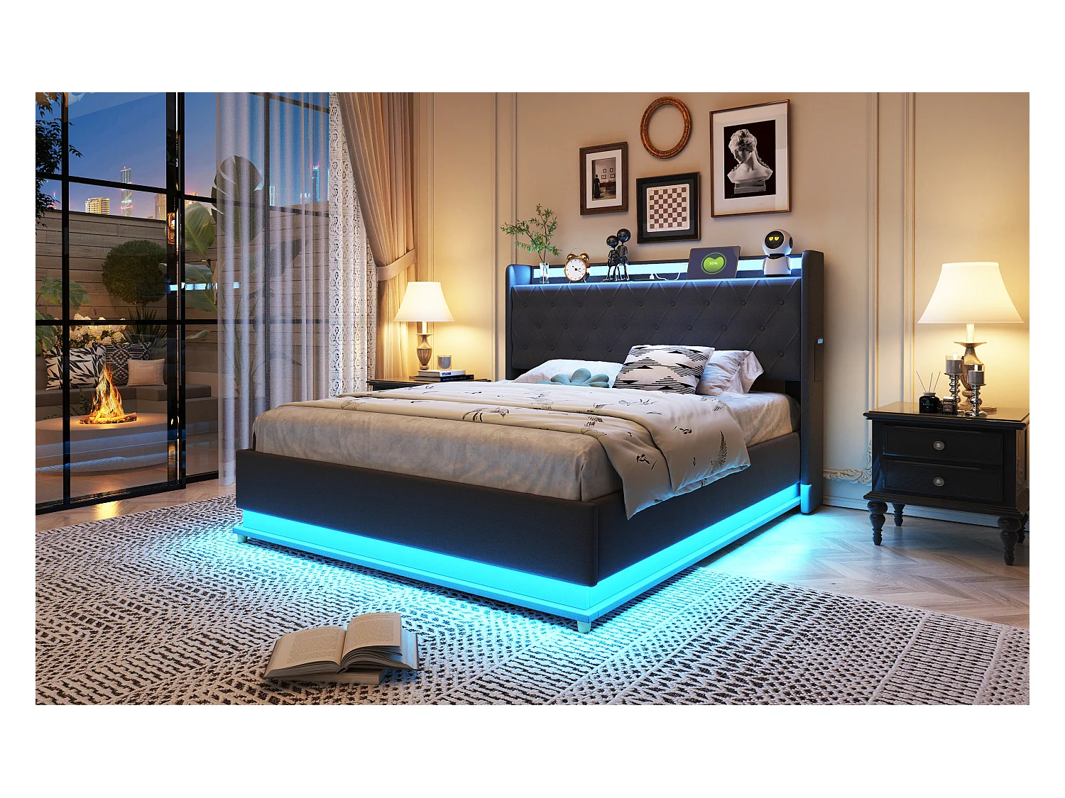 Lit LED 140 x 200 cm avec rangement hydraulique, port USB, tissu lin gris (213 x 146 x 113 cm)