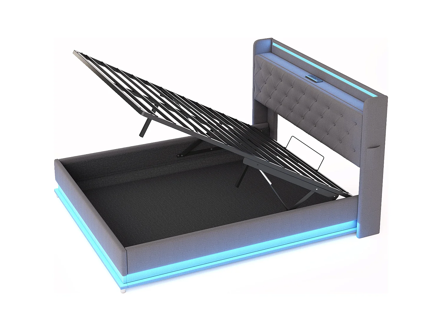 Lit LED 140 x 200 cm avec rangement hydraulique, port USB, tissu lin gris (213 x 146 x 113 cm)