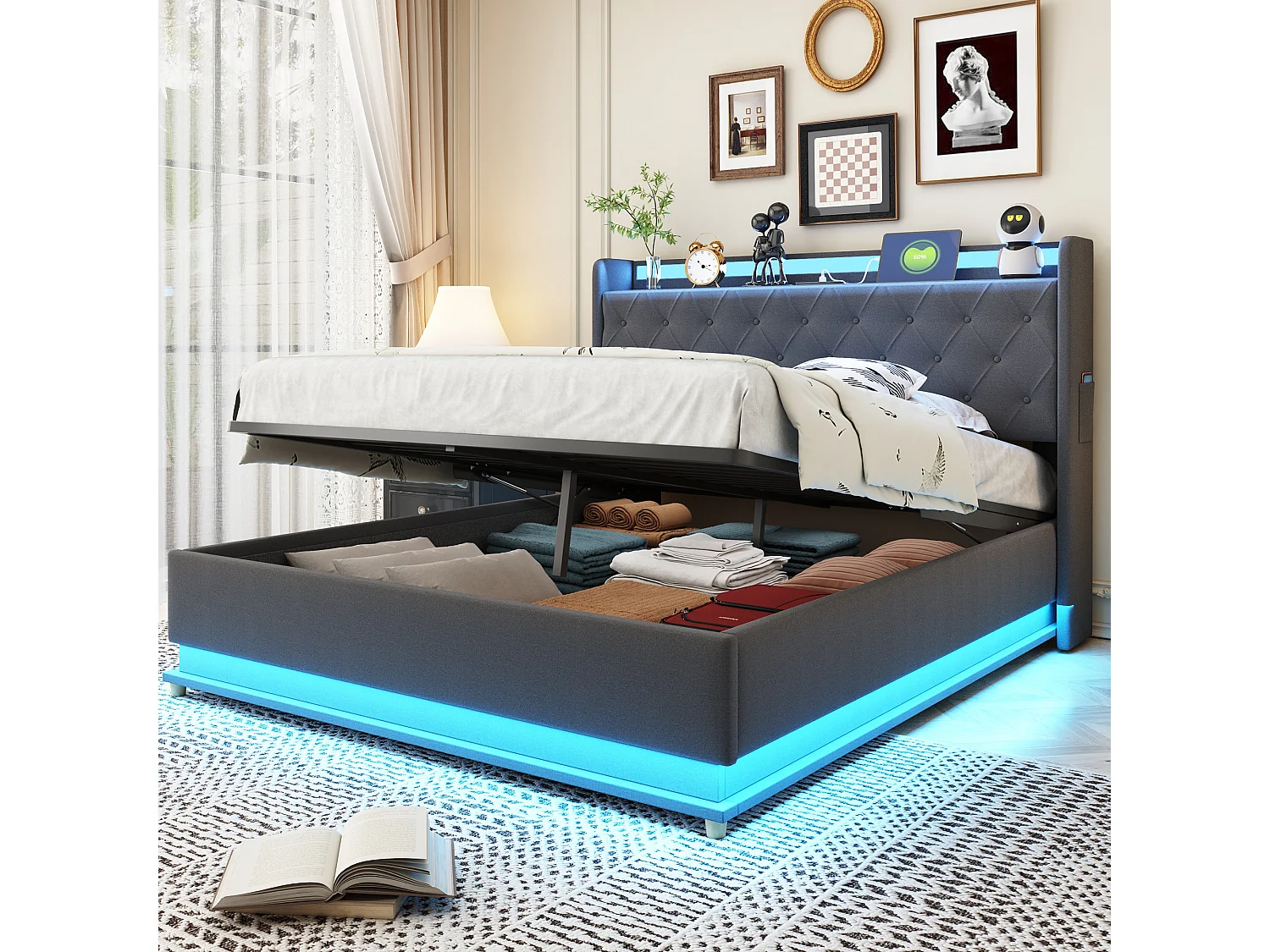 Lit LED 140 x 200 cm avec rangement hydraulique, port USB, tissu lin gris (213 x 146 x 113 cm)