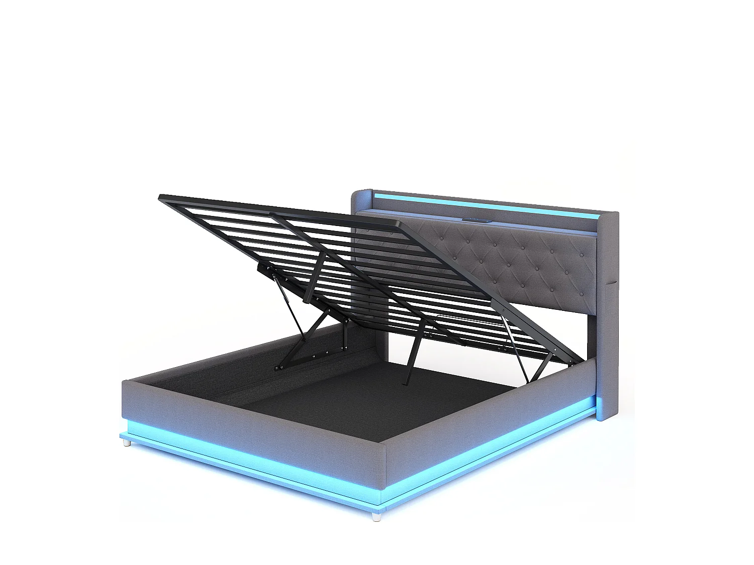 Lit LED 140 x 200 cm avec rangement hydraulique, port USB, tissu lin gris (213 x 146 x 113 cm)