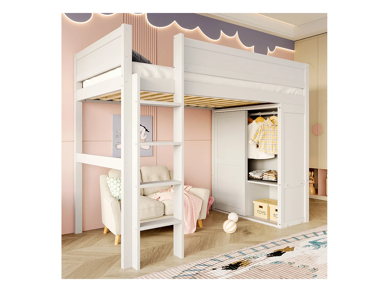 Lit surélevé 90x200cm, avec Armoire, Rangement et Espace Sous le Lit, Pin, Blanc (254x95x165 cm)