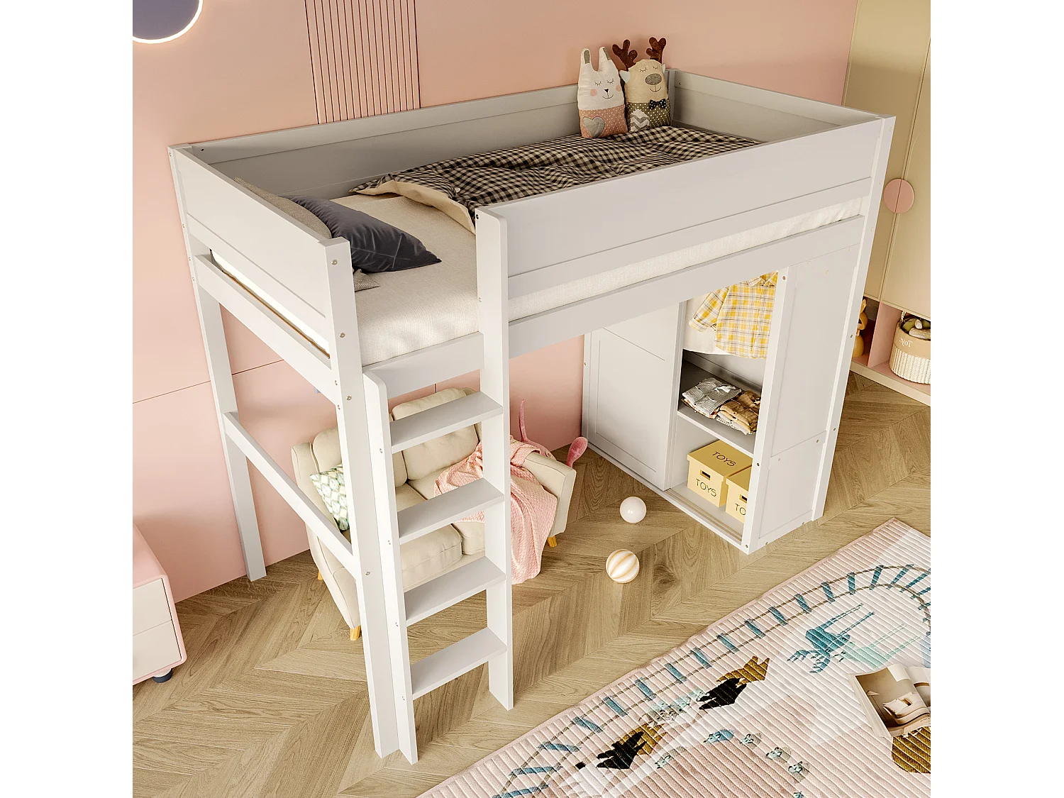 Lit surélevé 90x200cm, avec Armoire, Rangement et Espace Sous le Lit, Pin, Blanc (254x95x165 cm)