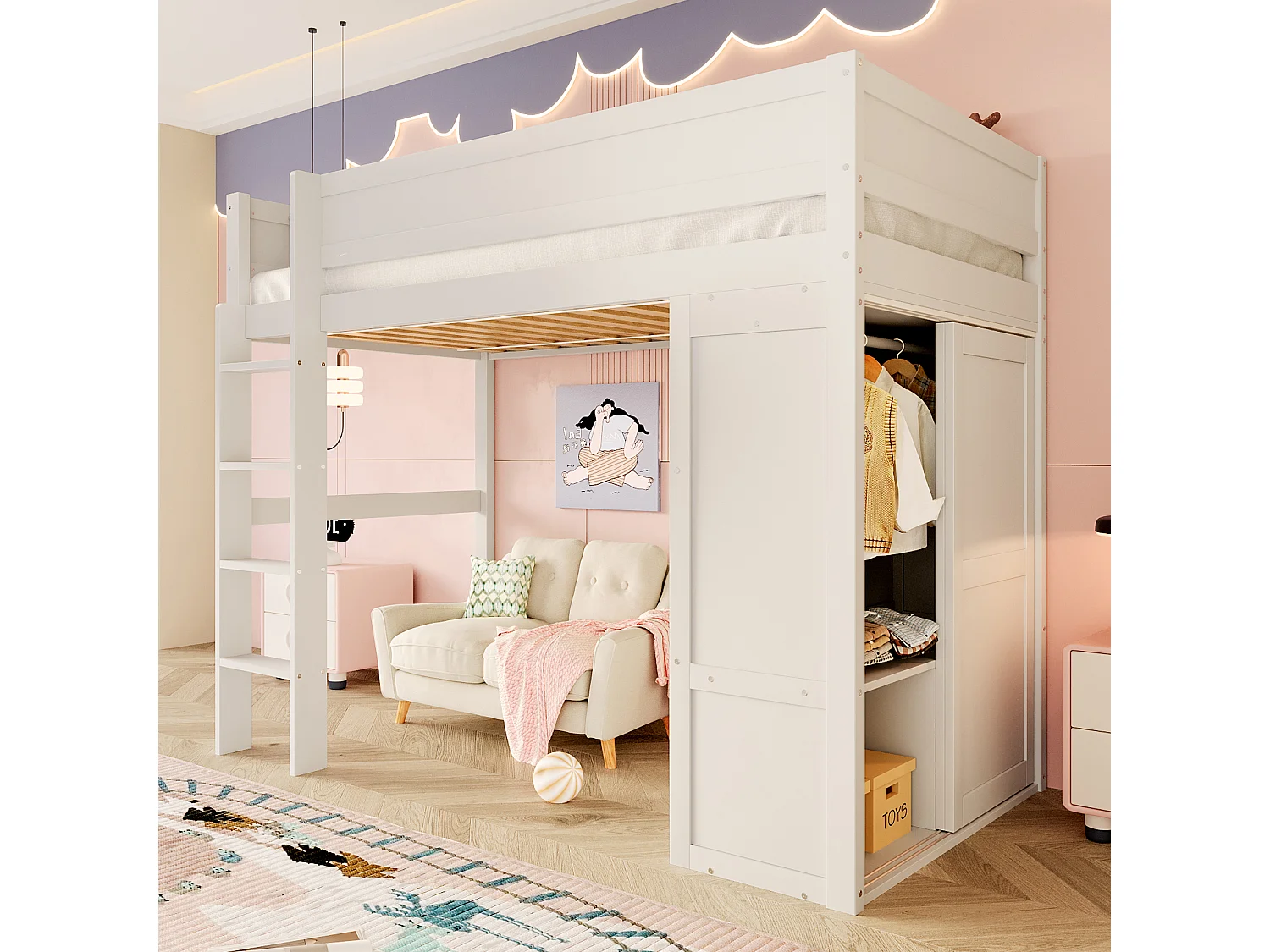 Lit surélevé 90x200cm, avec Armoire, Rangement et Espace Sous le Lit, Pin, Blanc (254x95x165 cm)