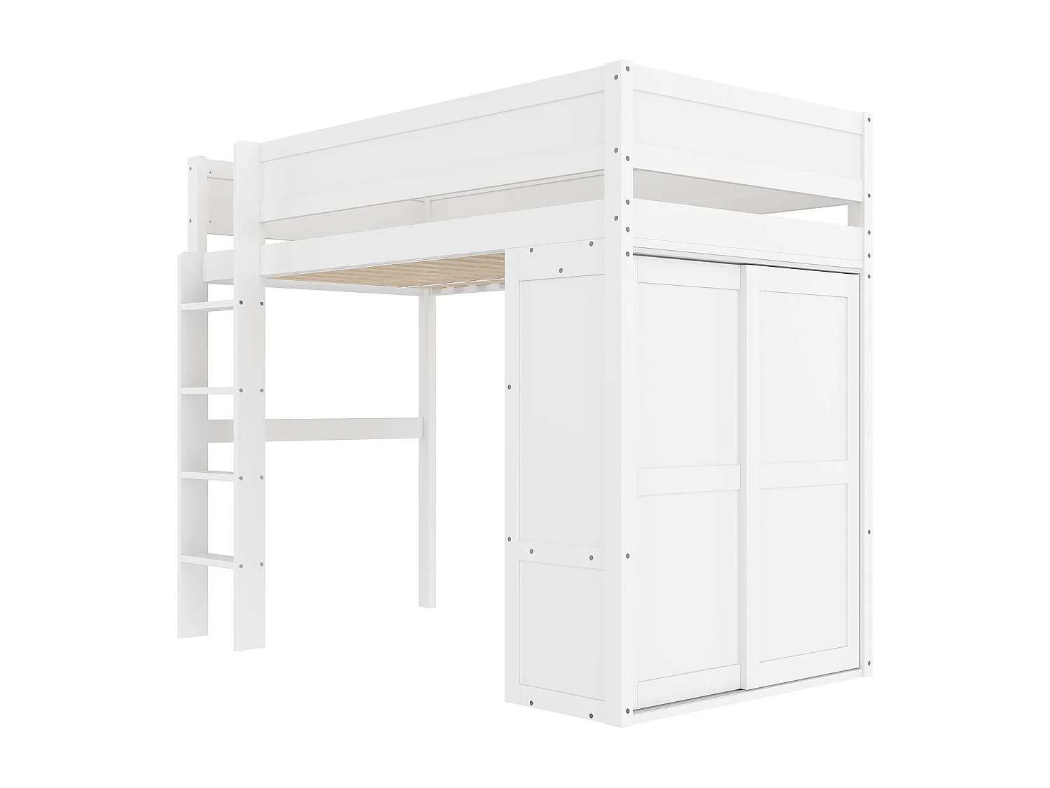 Lit surélevé 90x200cm, avec Armoire, Rangement et Espace Sous le Lit, Pin, Blanc (254x95x165 cm)