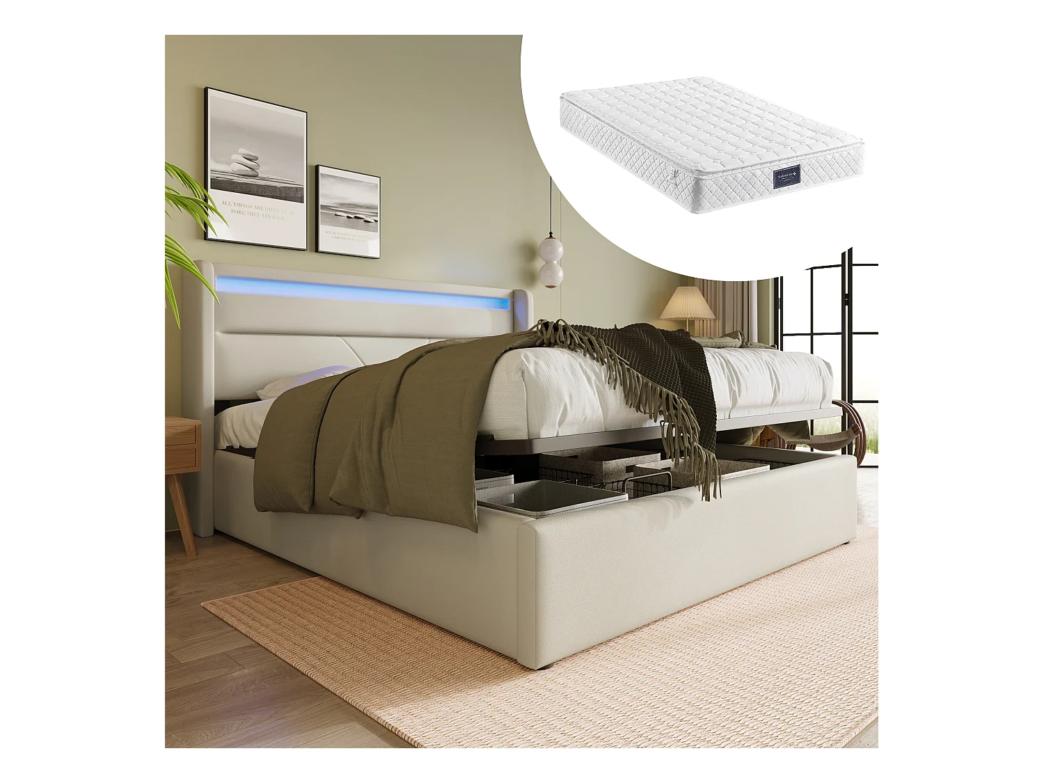 Lit double avec rangement hydraulique et LED, cadre en PU blanc, moderne (140x200x107.5cm)