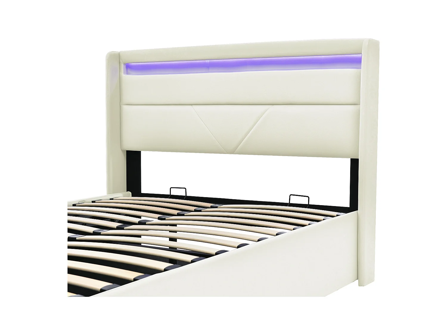 Lit double avec rangement hydraulique et LED, cadre en PU blanc, moderne (140x200x107.5cm)