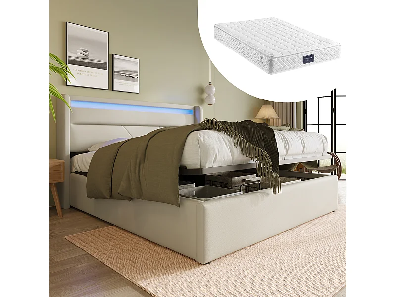 Cama doble con almacenaje hidráulico y LED, estructura de PU blanca, moderna (140x200x107,5cm)
