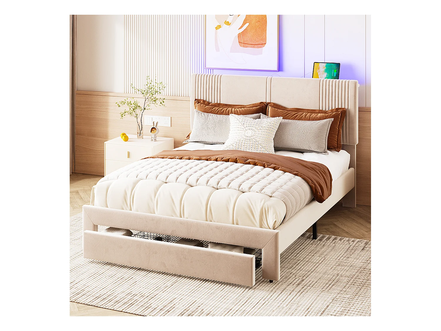 Lit double avec LED, port USB et grand tiroir, velours, beige (200x145x109cm)