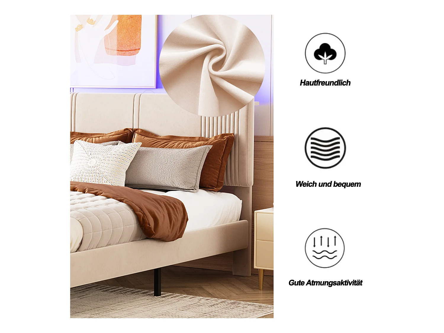 Lit double avec LED, port USB et grand tiroir, velours, beige (200x145x109cm)