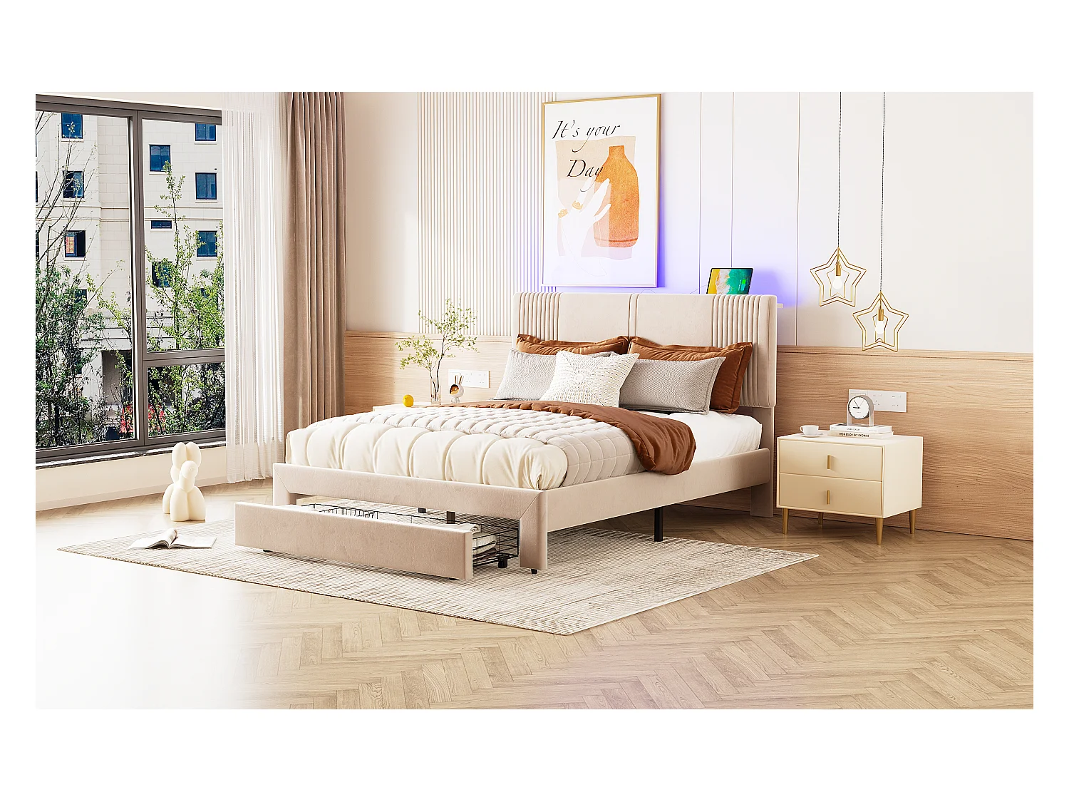 Lit double avec LED, port USB et grand tiroir, velours, beige (200x145x109cm)