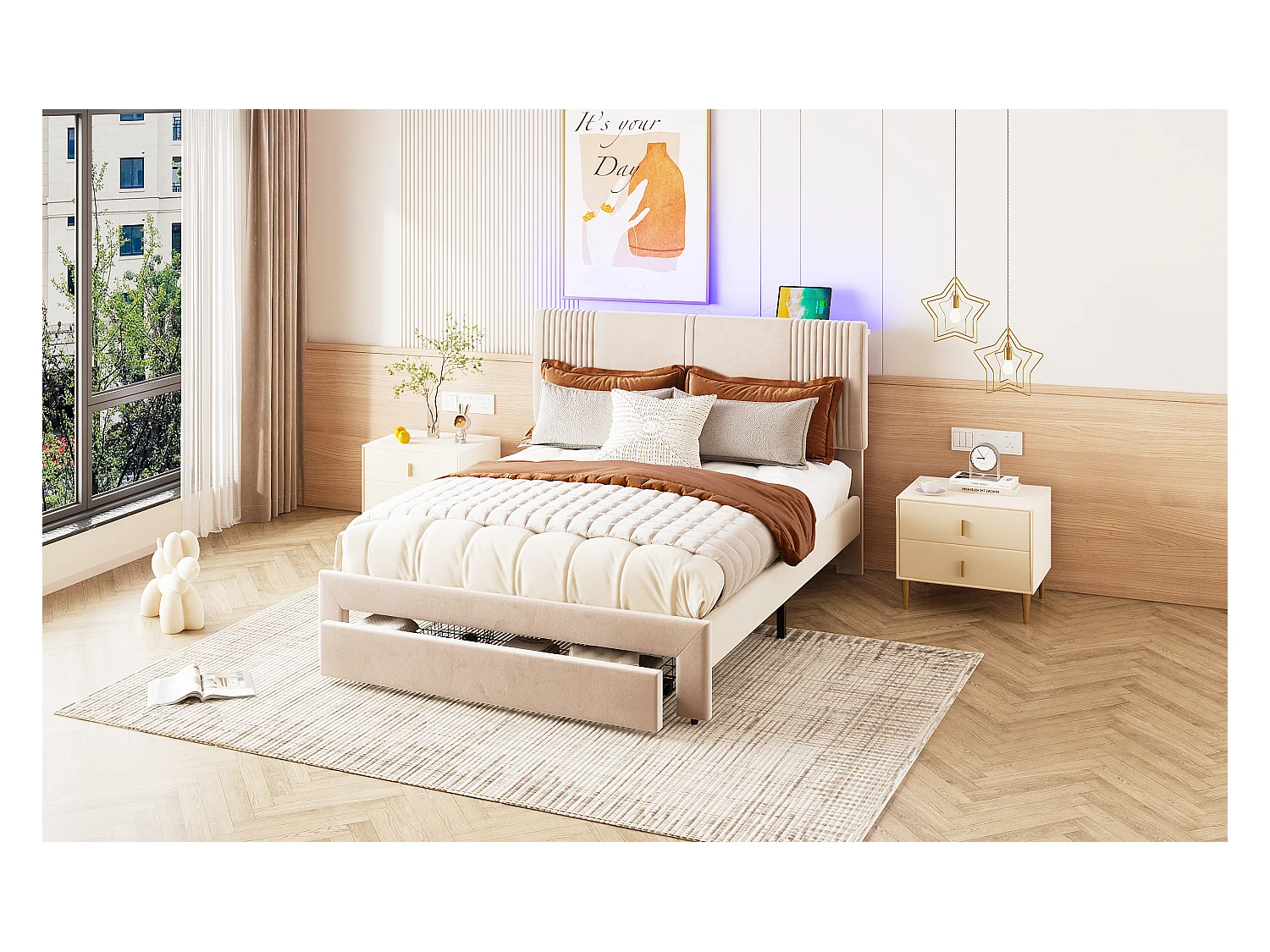 Lit double avec LED, port USB et grand tiroir, velours, beige (200x145x109cm)