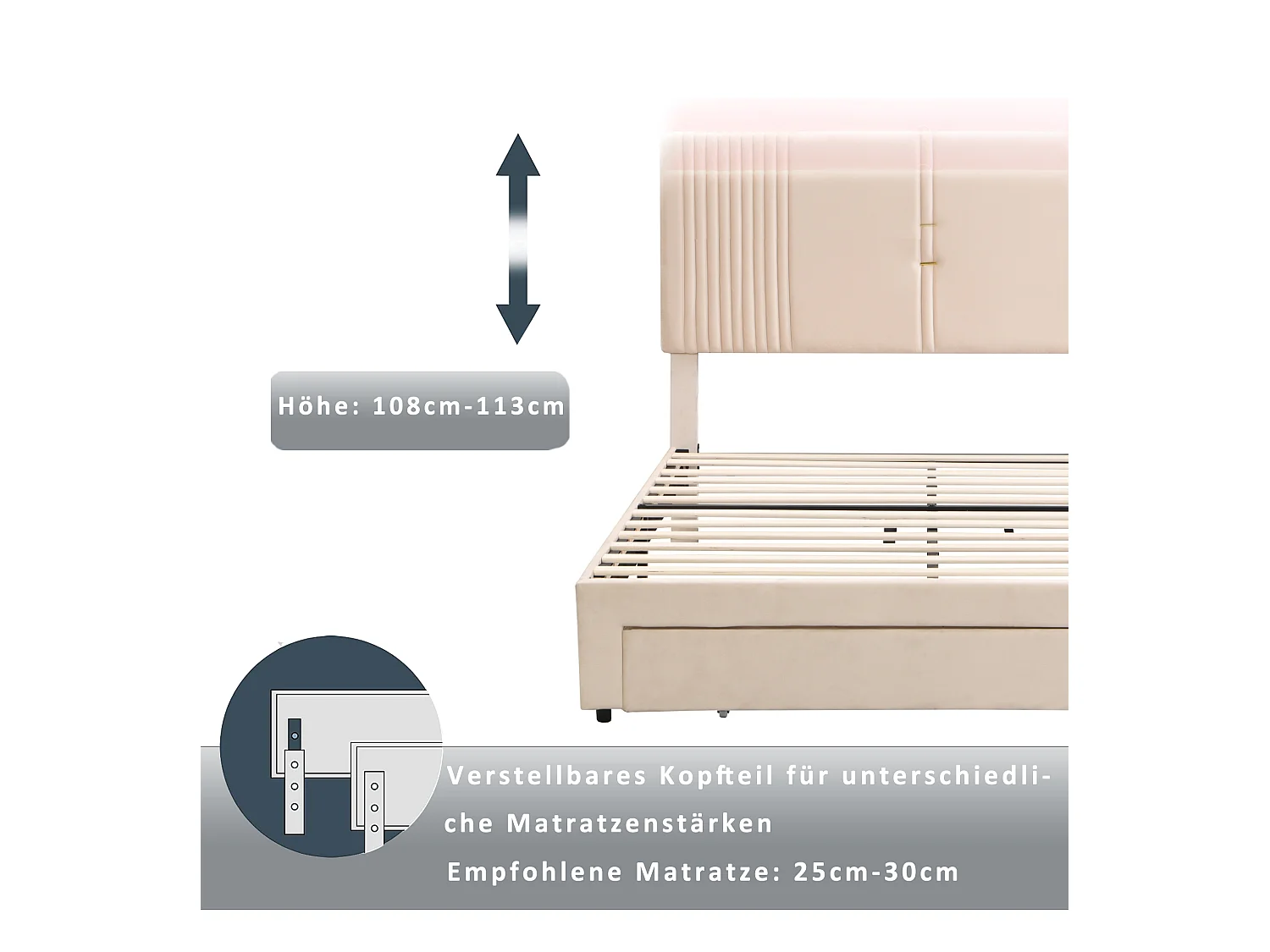 Lit double avec LED, port USB et grand tiroir, velours, beige (200x145x109cm)