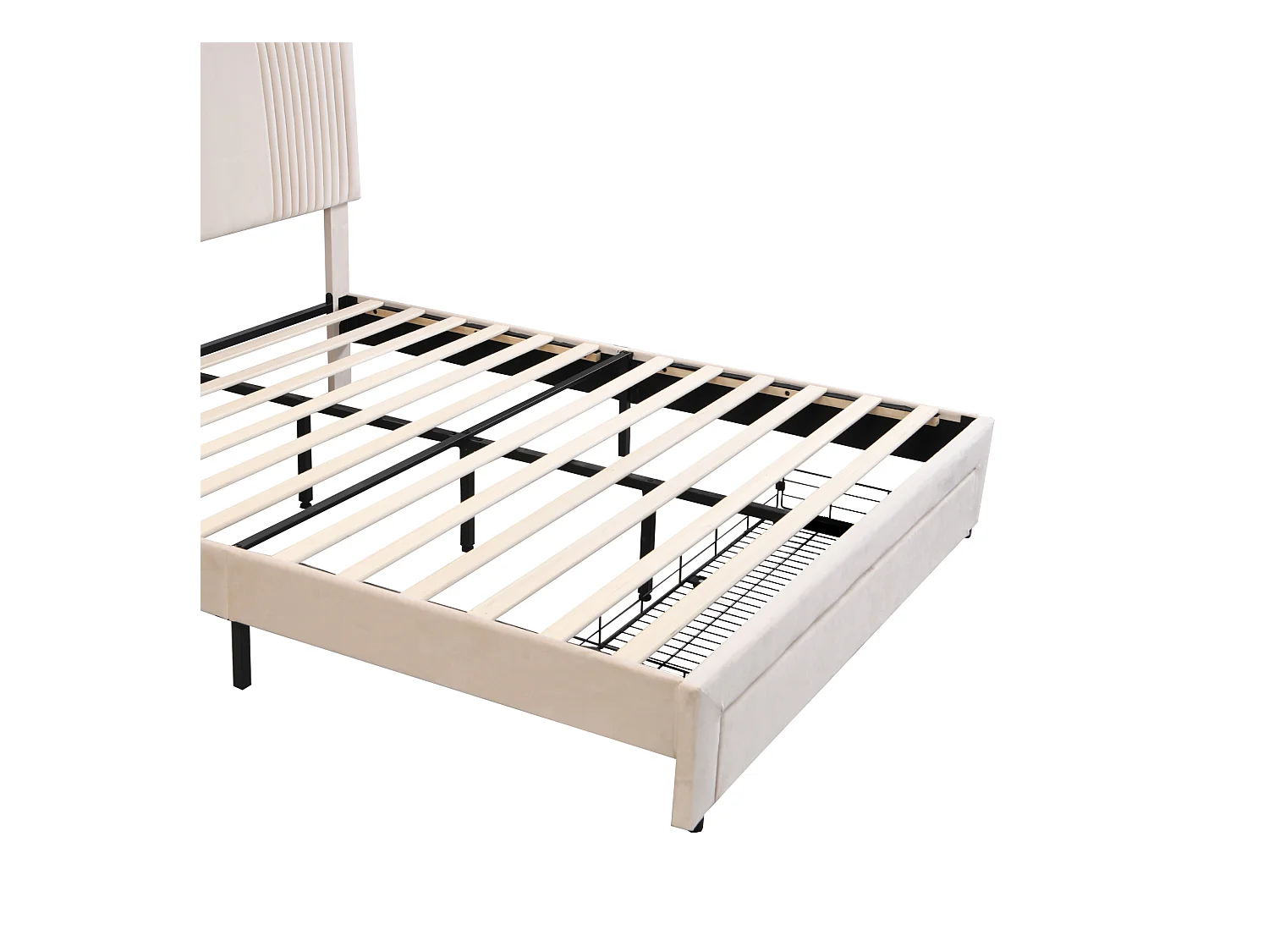 Lit double avec LED, port USB et grand tiroir, velours, beige (200x145x109cm)