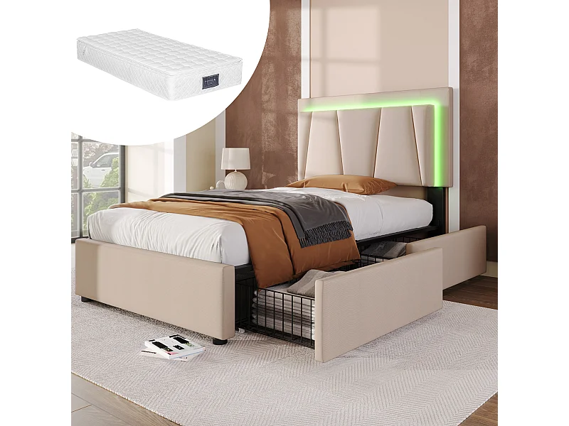 Lit simple avec éclairage LED, 2 tiroirs, tête de lit réglable, lin beige (99x207x102-112 cm)