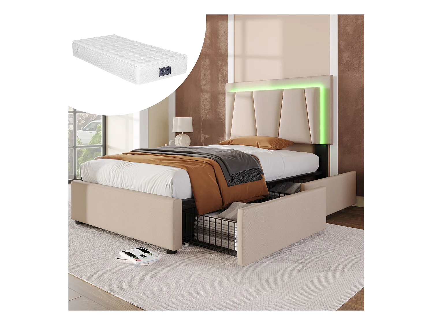 Lit simple avec éclairage LED, 2 tiroirs, tête de lit réglable, lin beige (99x207x102-112 cm)