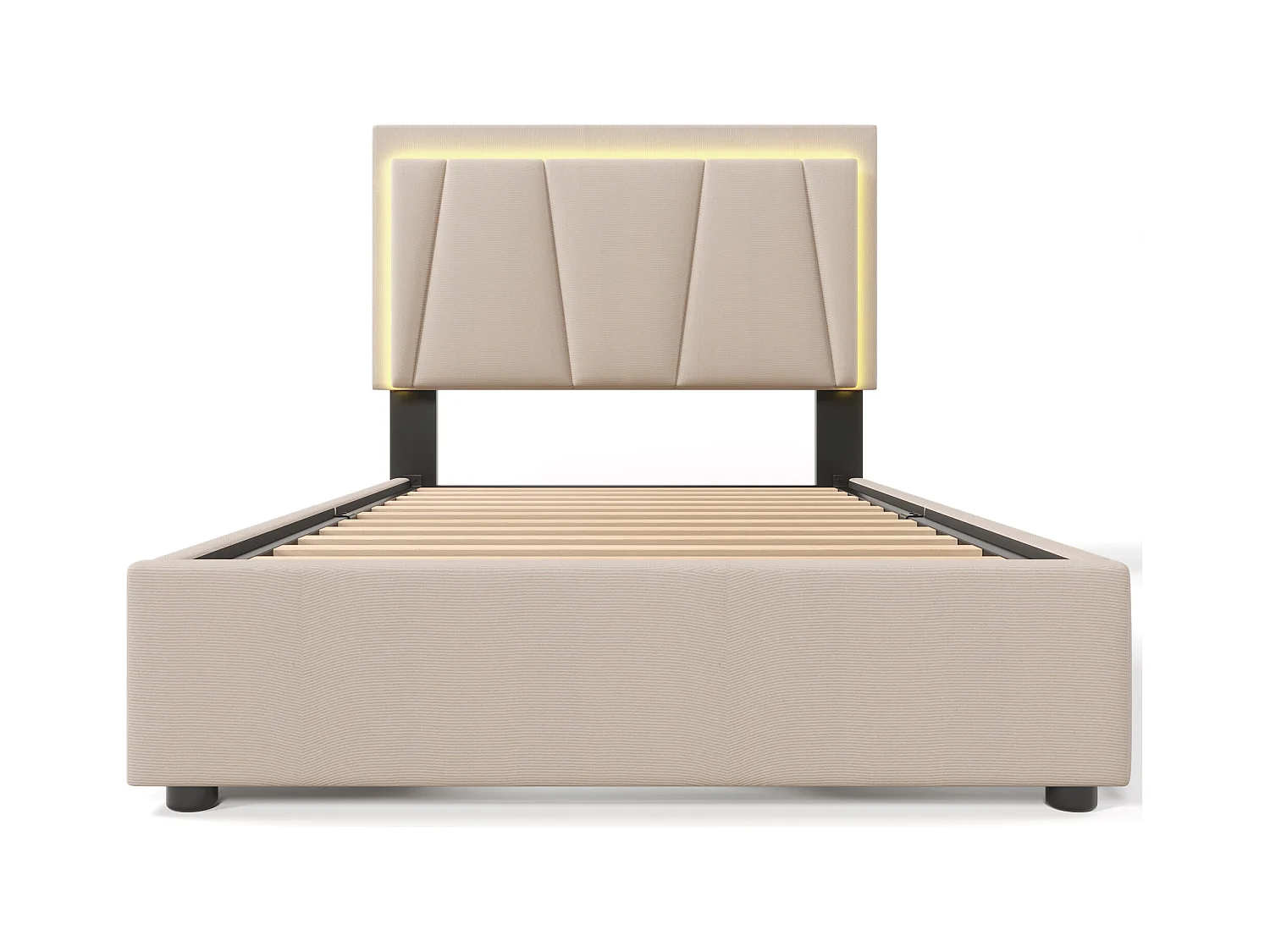 Lit simple avec éclairage LED, 2 tiroirs, tête de lit réglable, lin beige (99x207x102-112 cm)