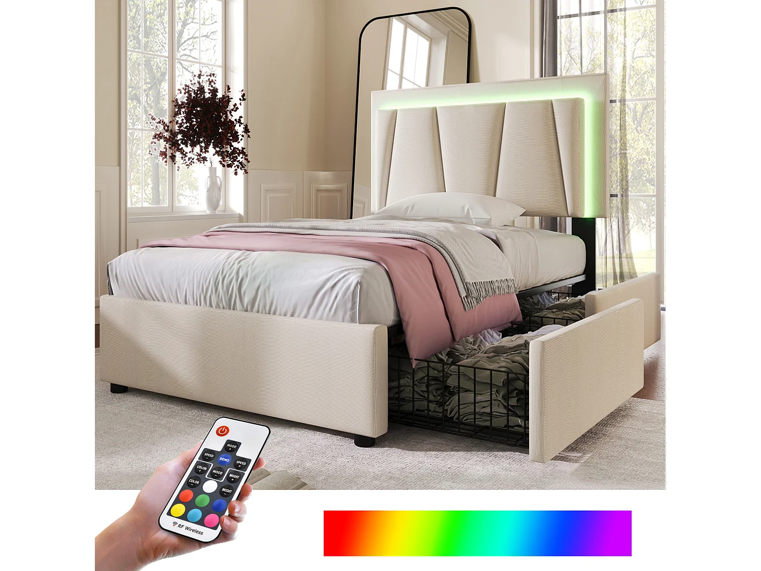 Eenpersoonsbed met ledverlichting, 2 lades, verstelbaar hoofdeinde, beige linnen (99x207x102-112 cm)